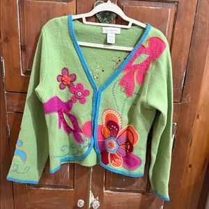 Susan Bristol Green Cardigan with Pink and Blue Floral Accents